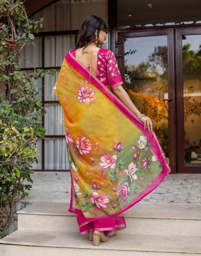 Yellow Linen Floral Printed Saree