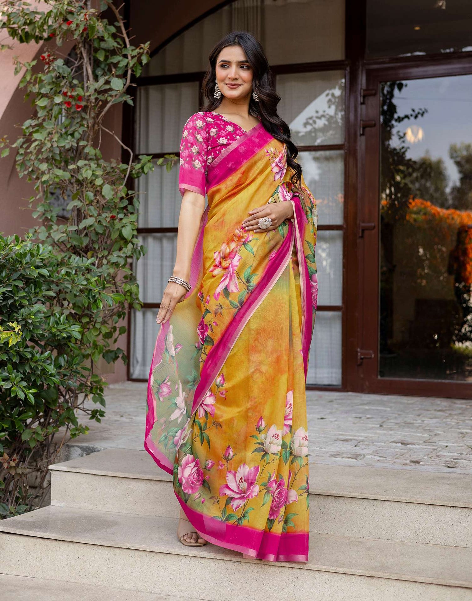 Yellow Linen Floral Printed Saree