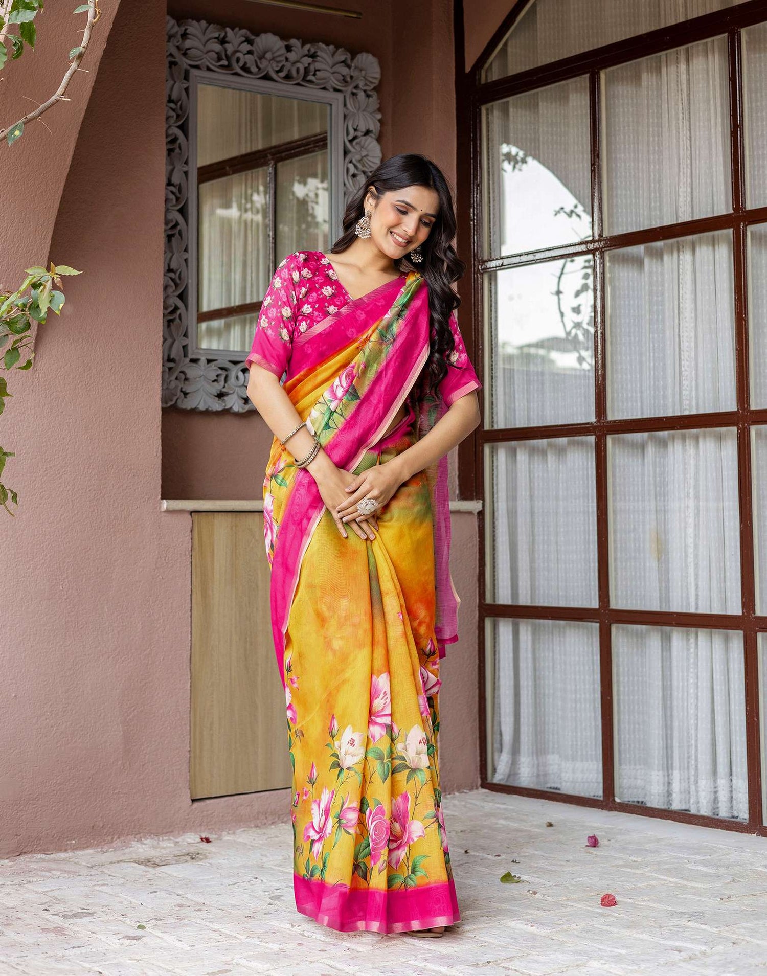 Yellow Linen Floral Printed Saree
