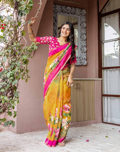 Yellow Linen Floral Printed Saree