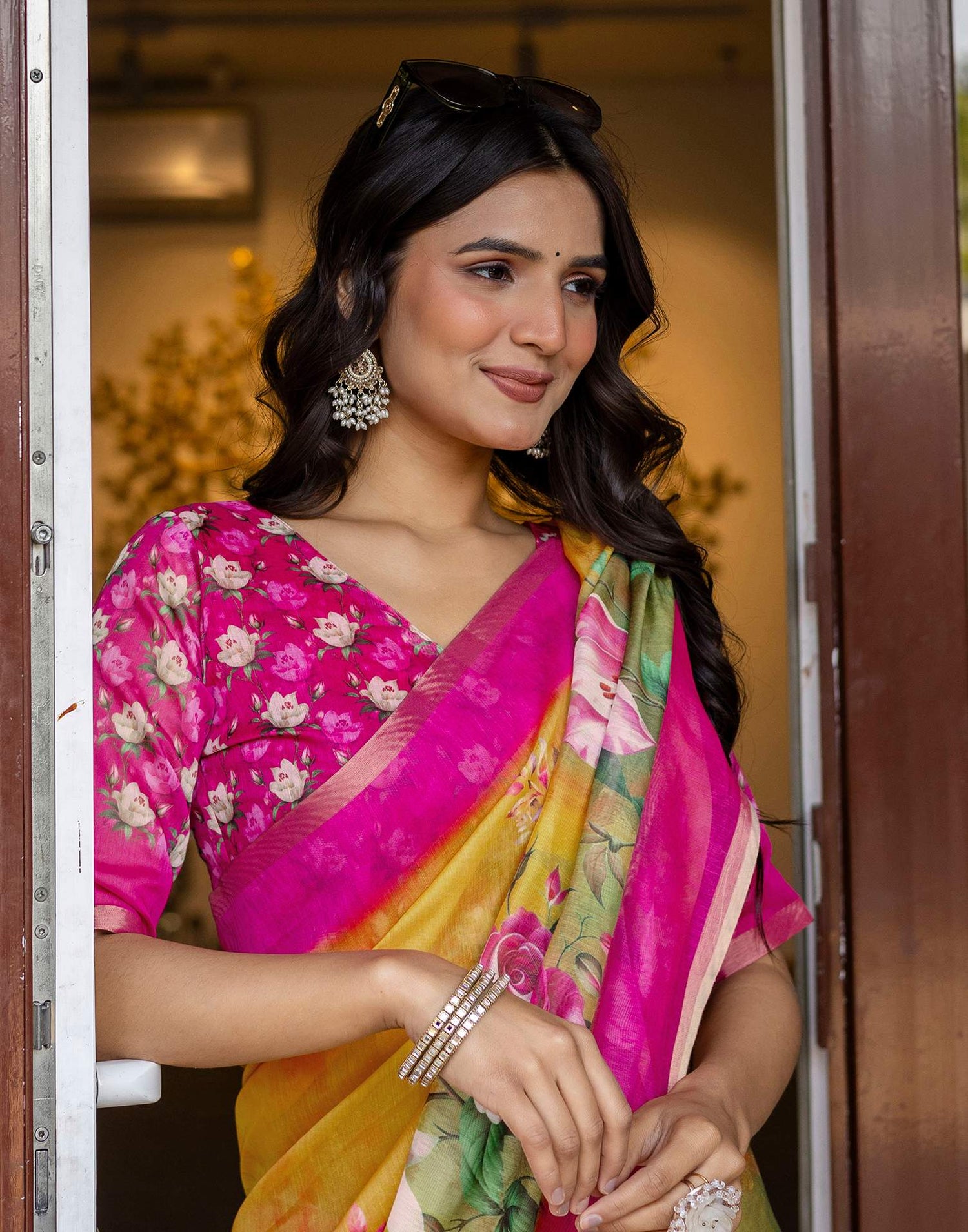 Yellow Linen Floral Printed Saree