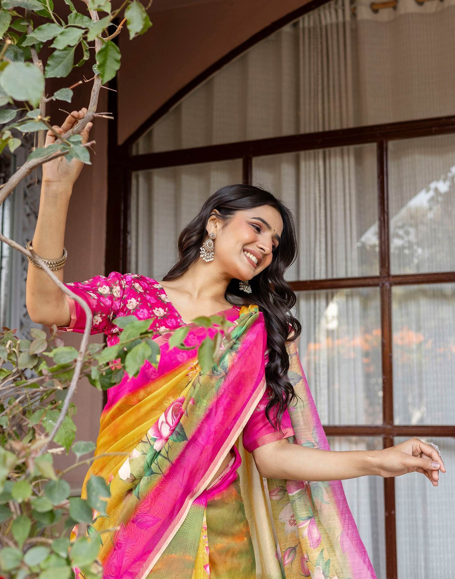 Yellow Linen Floral Printed Saree