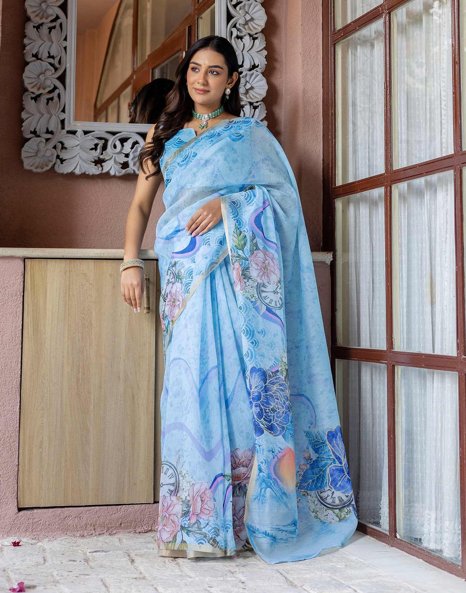 Light Blue Linen Floral Printed Saree