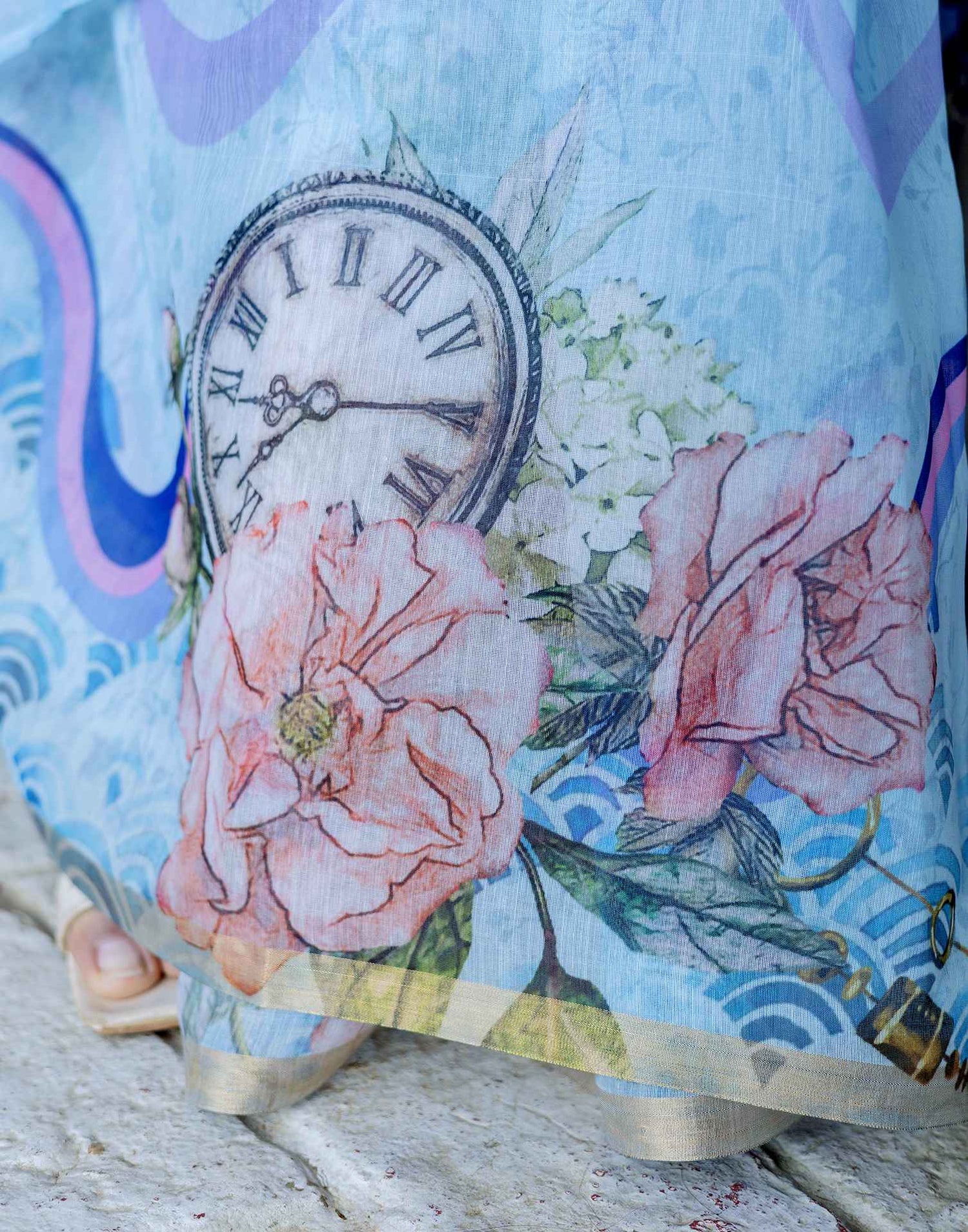 Light Blue Linen Floral Printed Saree