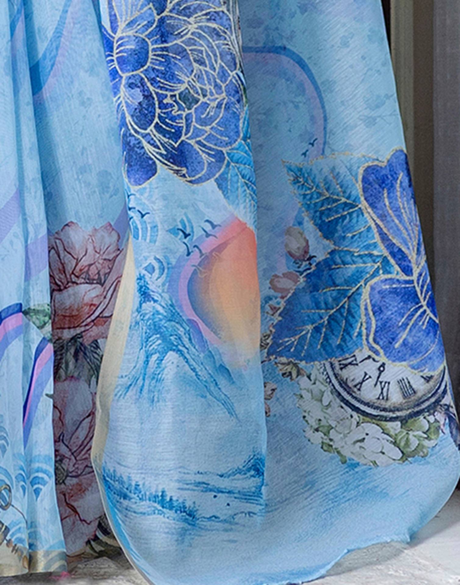 Light Blue Linen Floral Printed Saree