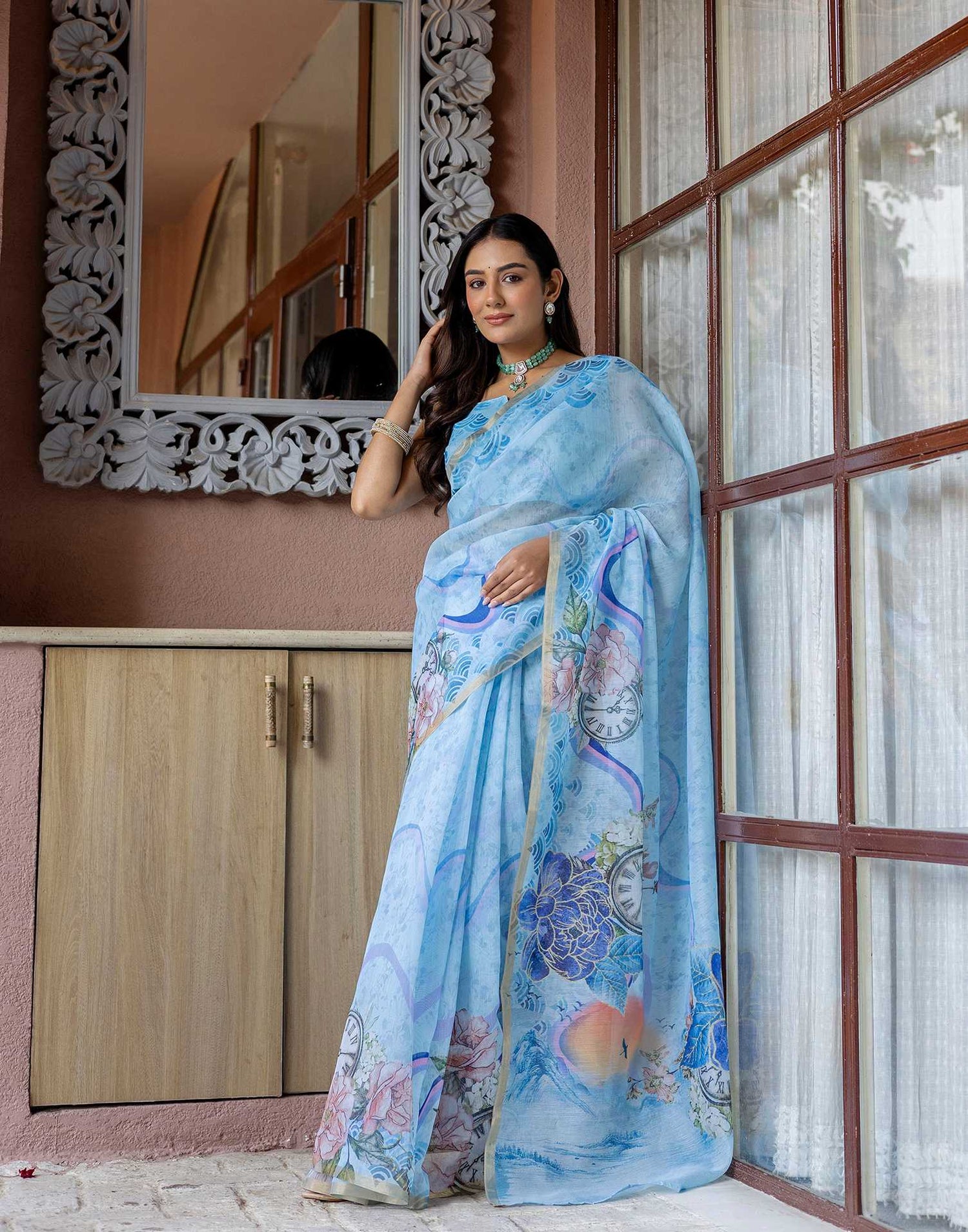 Light Blue Linen Floral Printed Saree