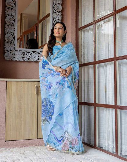Light Blue Linen Floral Printed Saree
