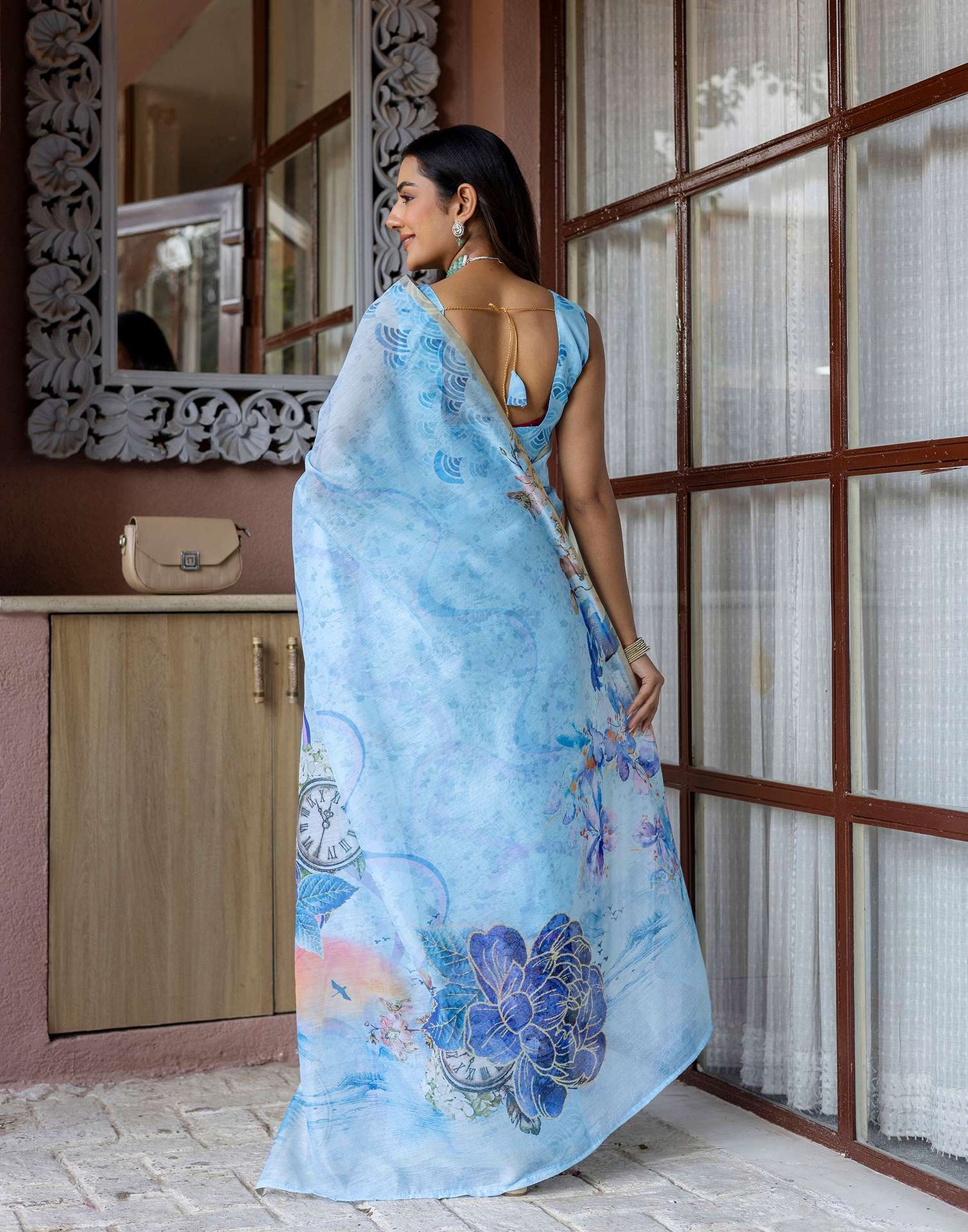 Light Blue Linen Floral Printed Saree