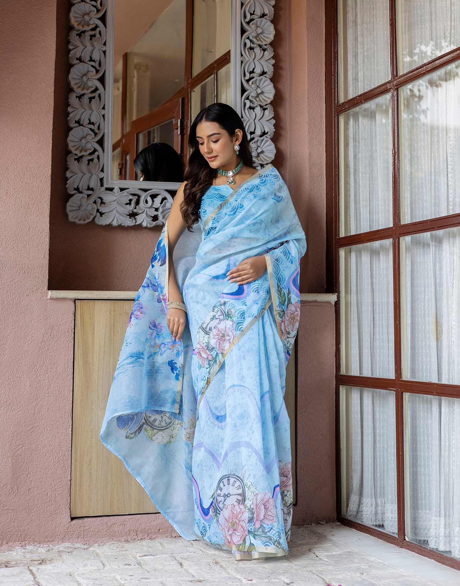 Light Blue Linen Floral Printed Saree