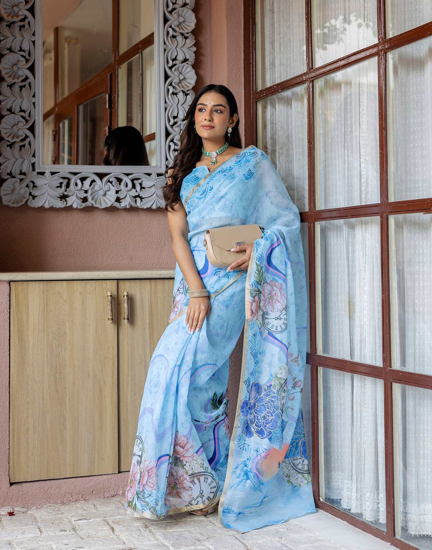 Light Blue Linen Floral Printed Saree
