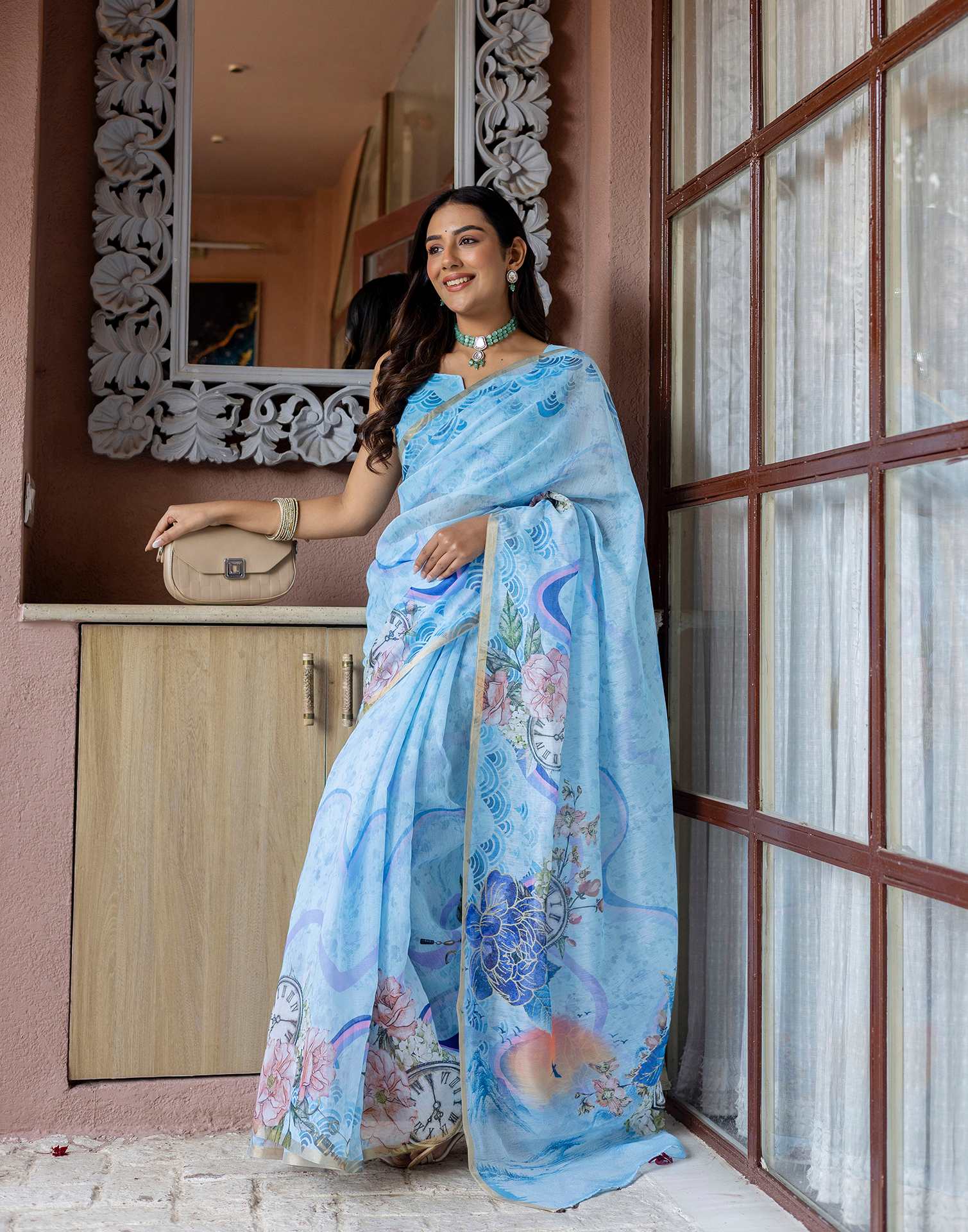 Light Blue Linen Floral Printed Saree