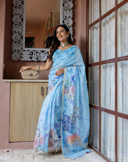 Light Blue Linen Floral Printed Saree