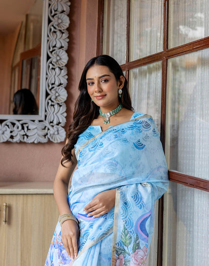 Light Blue Linen Floral Printed Saree