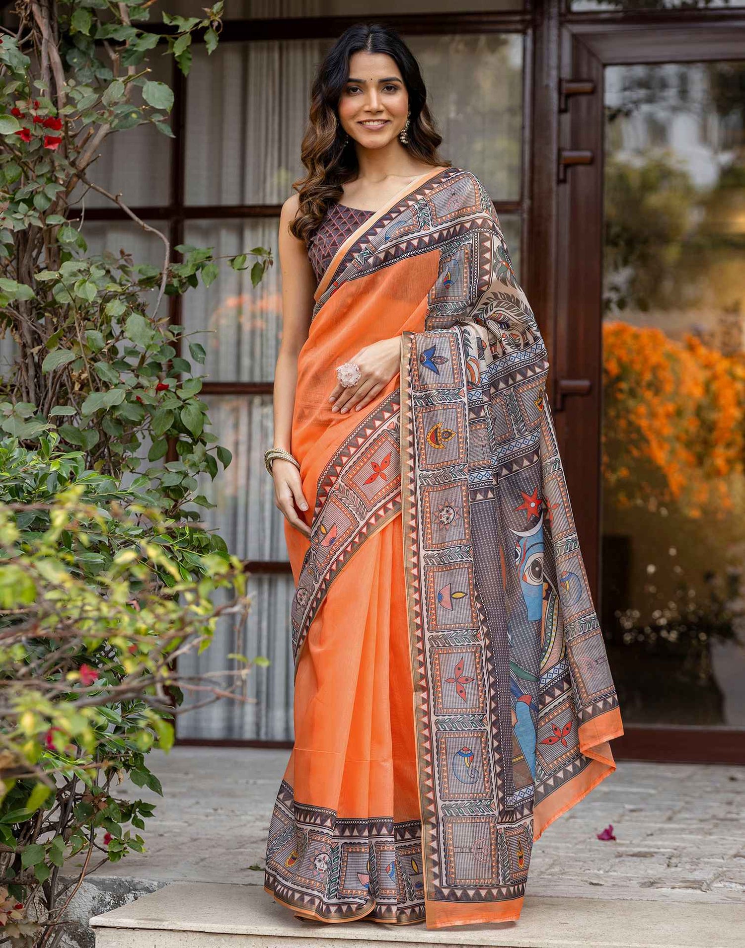 Orange Linen Kalamkari Printed Saree