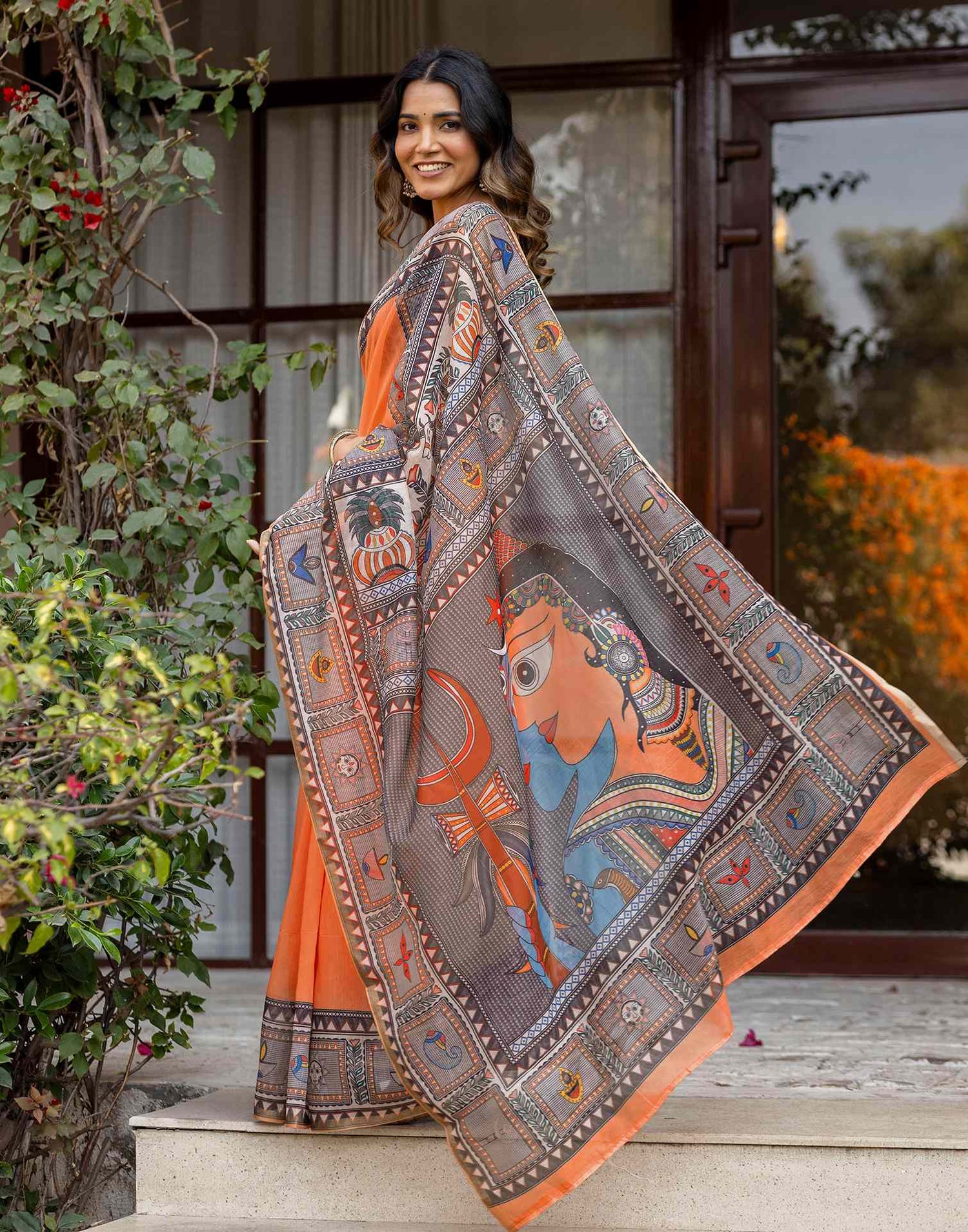 Orange Linen Kalamkari Printed Saree