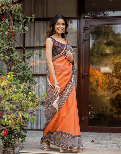 Orange Linen Kalamkari Printed Saree