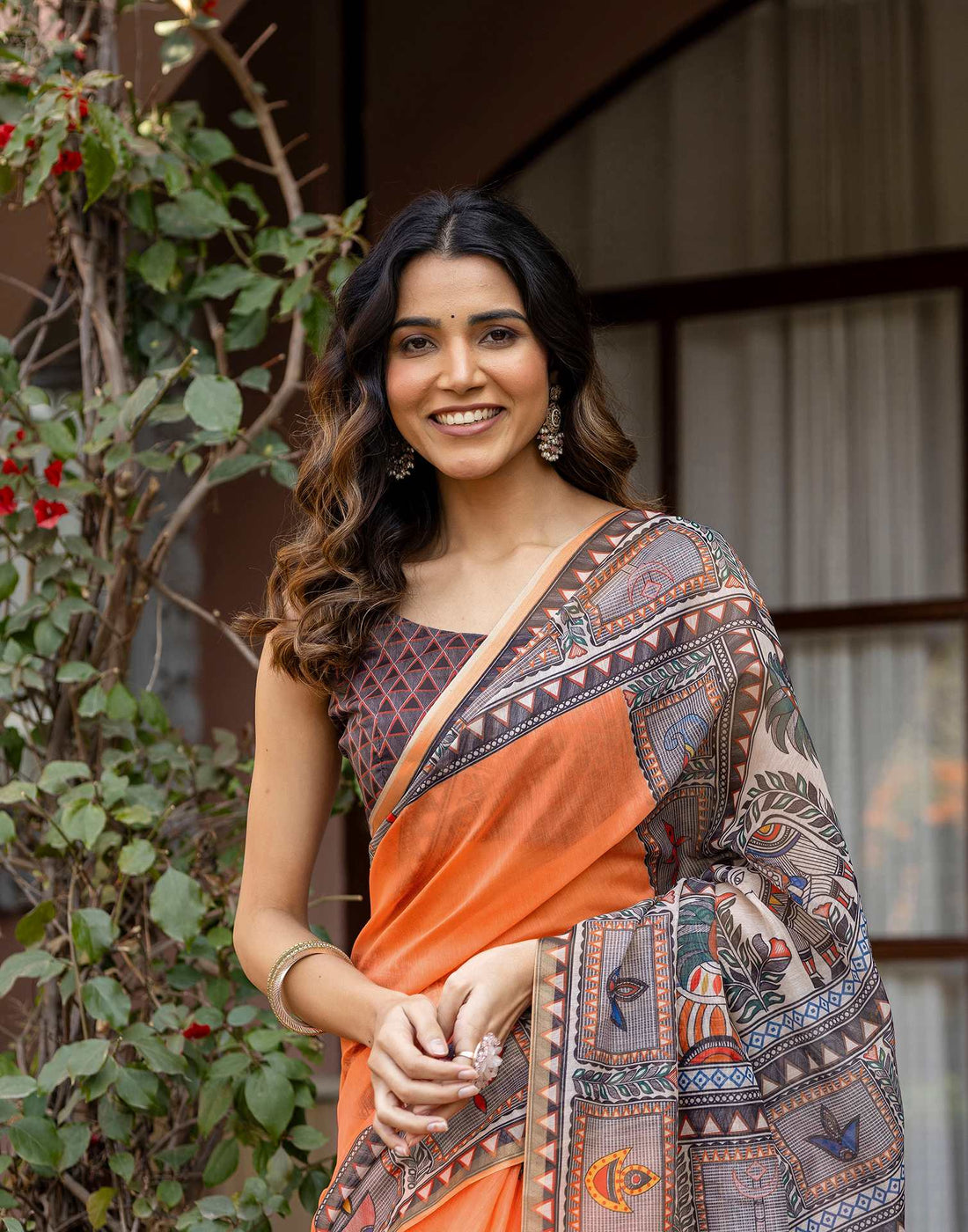 Orange Linen Kalamkari Printed Saree