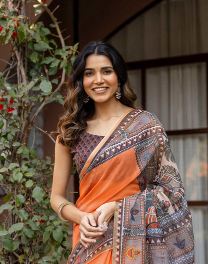 Orange Linen Kalamkari Printed Saree