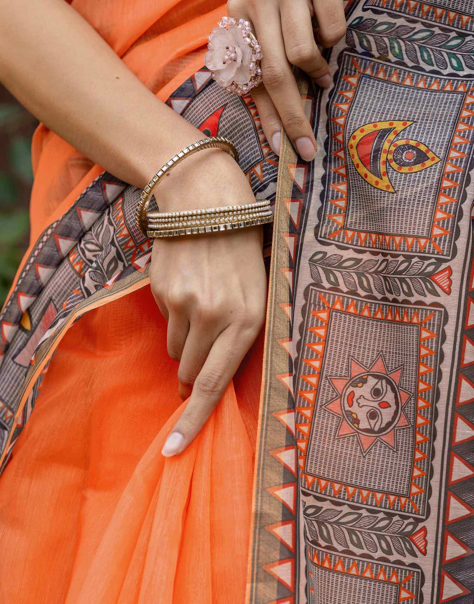 Orange Linen Kalamkari Printed Saree