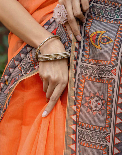 Orange Linen Kalamkari Printed Saree