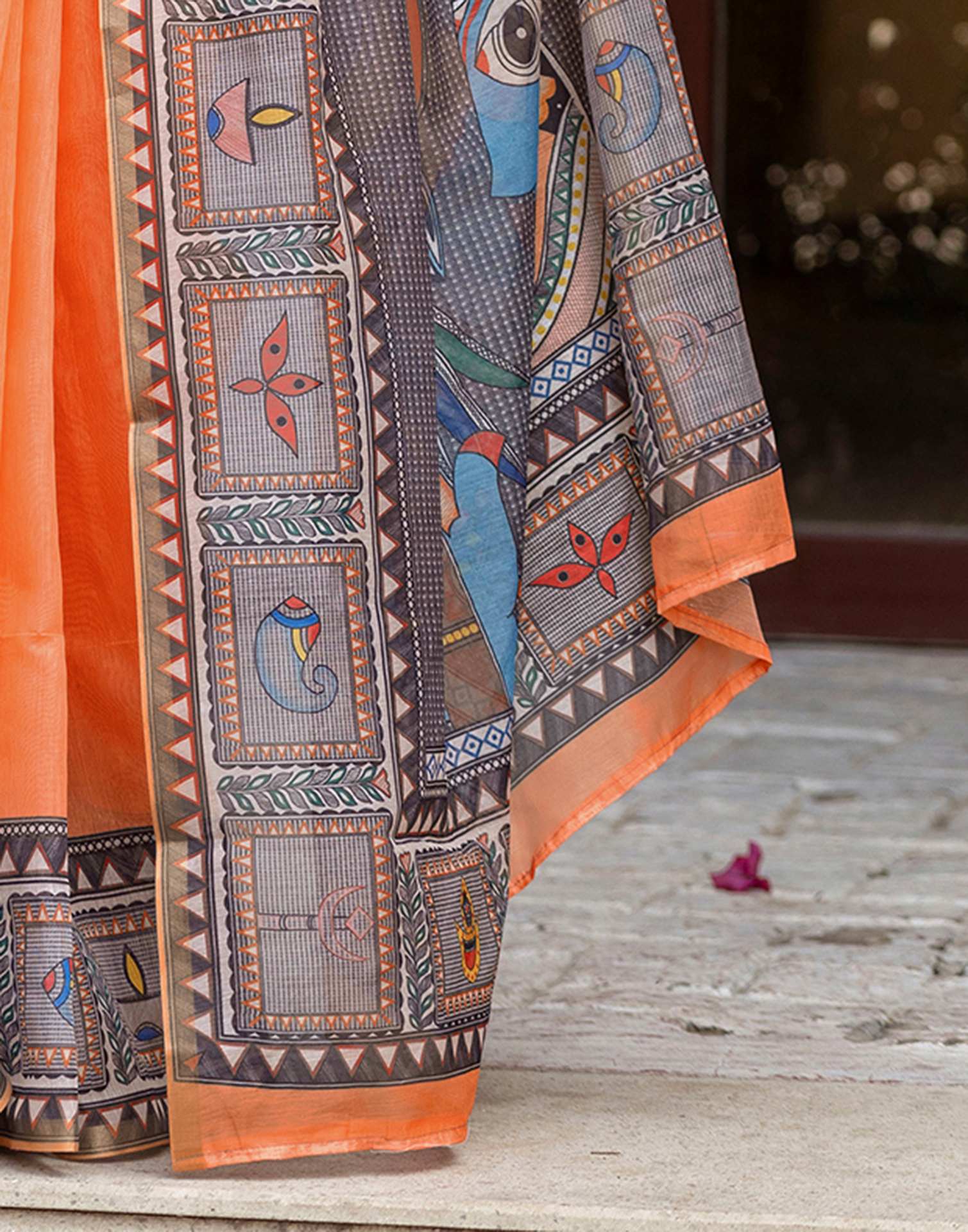 Orange Linen Kalamkari Printed Saree