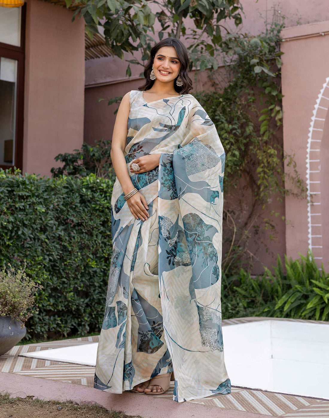 Off White Shimmer Silk Printed Saree