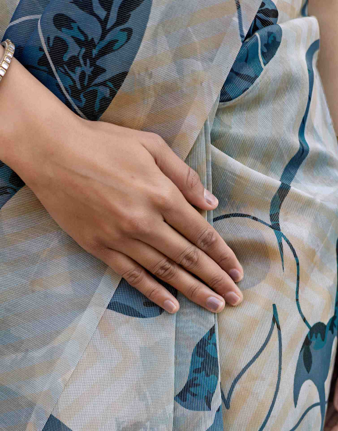 Off White Shimmer Silk Printed Saree