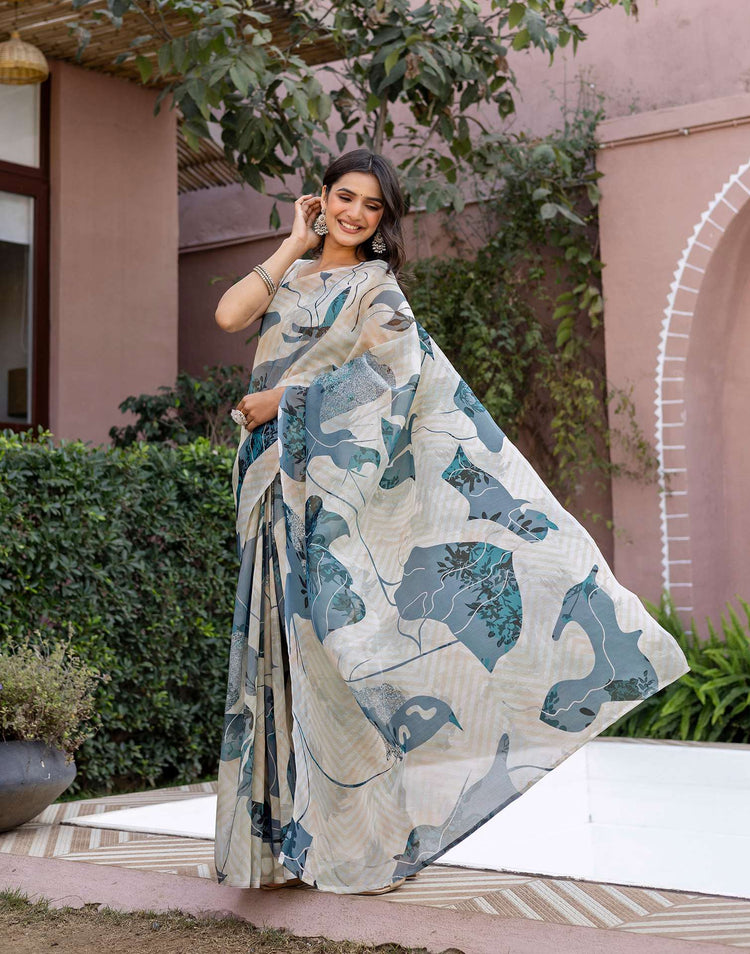 Off White Shimmer Silk Printed Saree