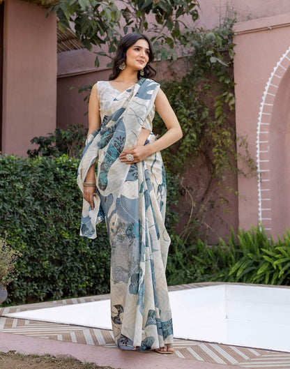 Off White Shimmer Silk Printed Saree