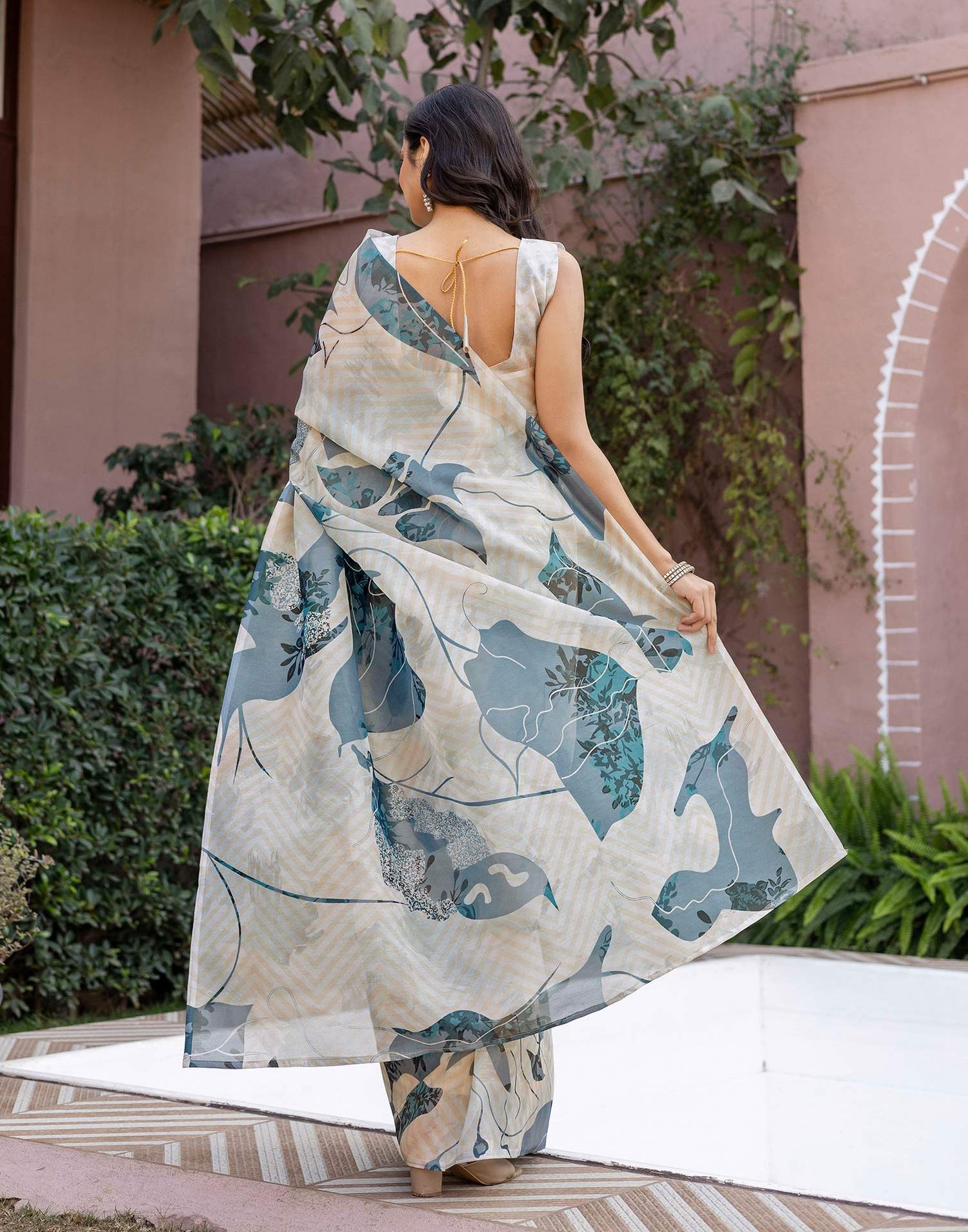 Off White Shimmer Silk Printed Saree