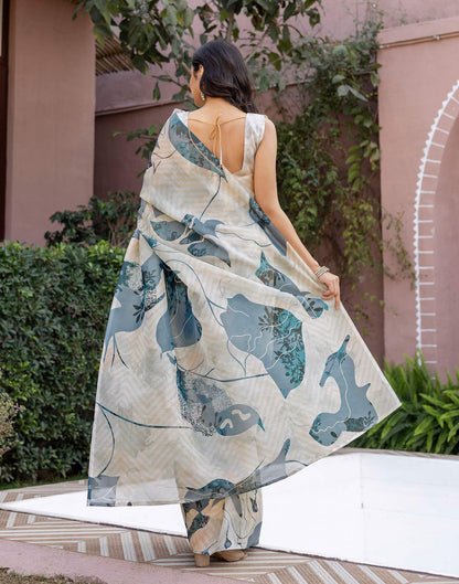 Off White Shimmer Silk Printed Saree