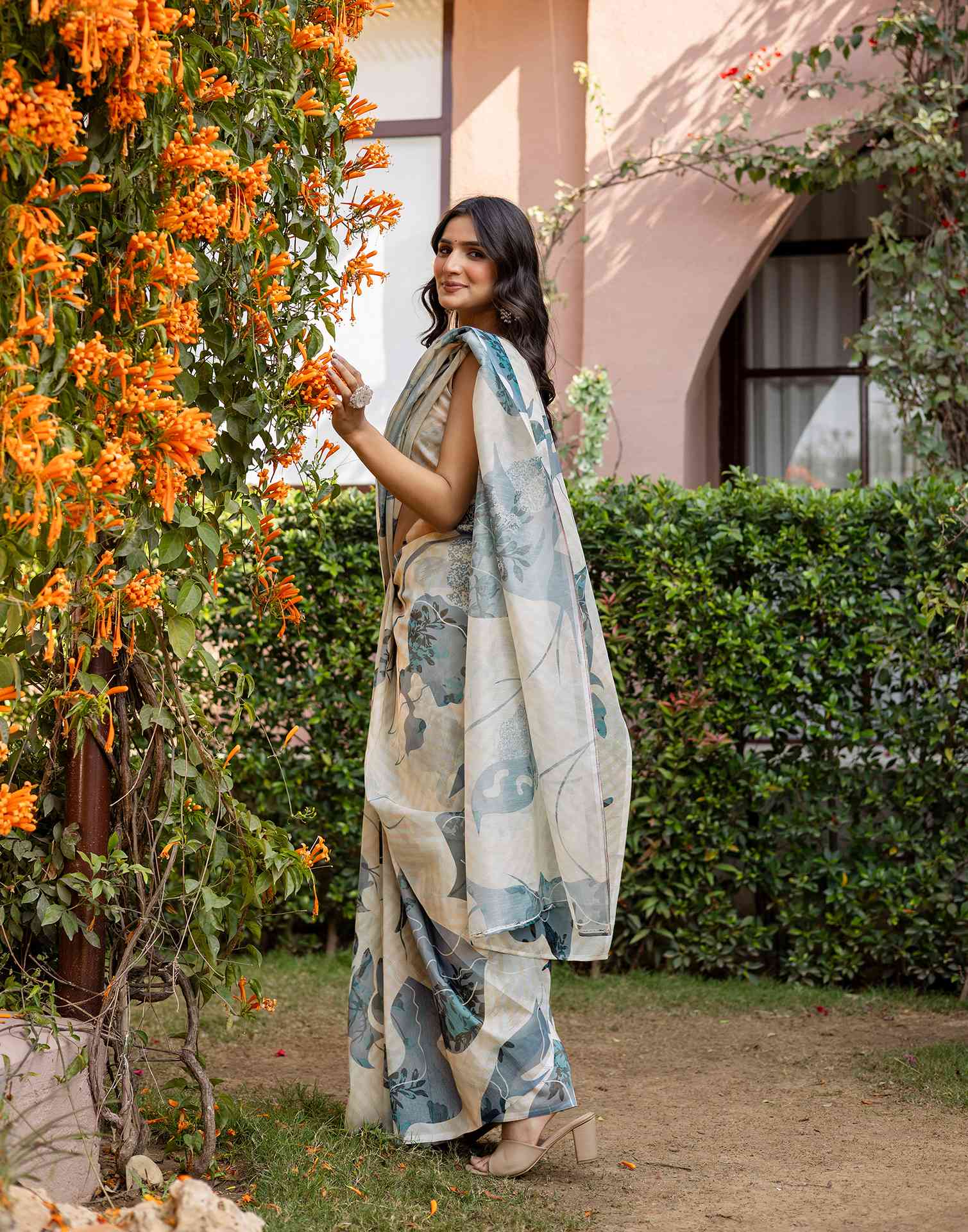Off White Shimmer Silk Printed Saree
