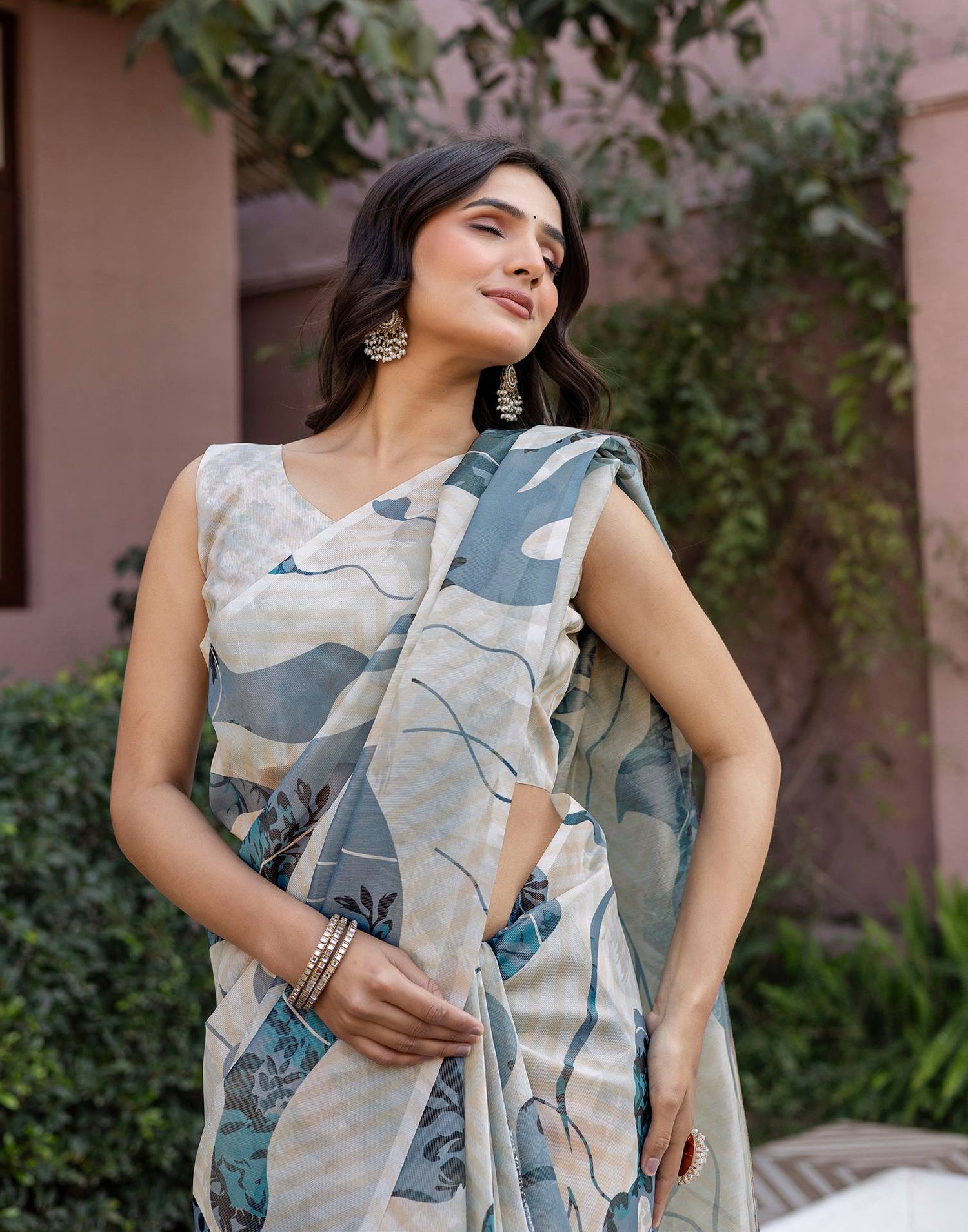 Off White Shimmer Silk Printed Saree