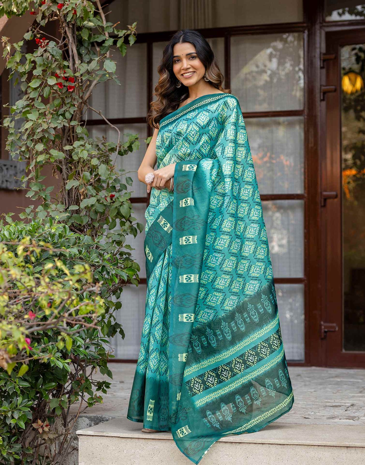 Mint Green Shimmer Silk Printed Saree