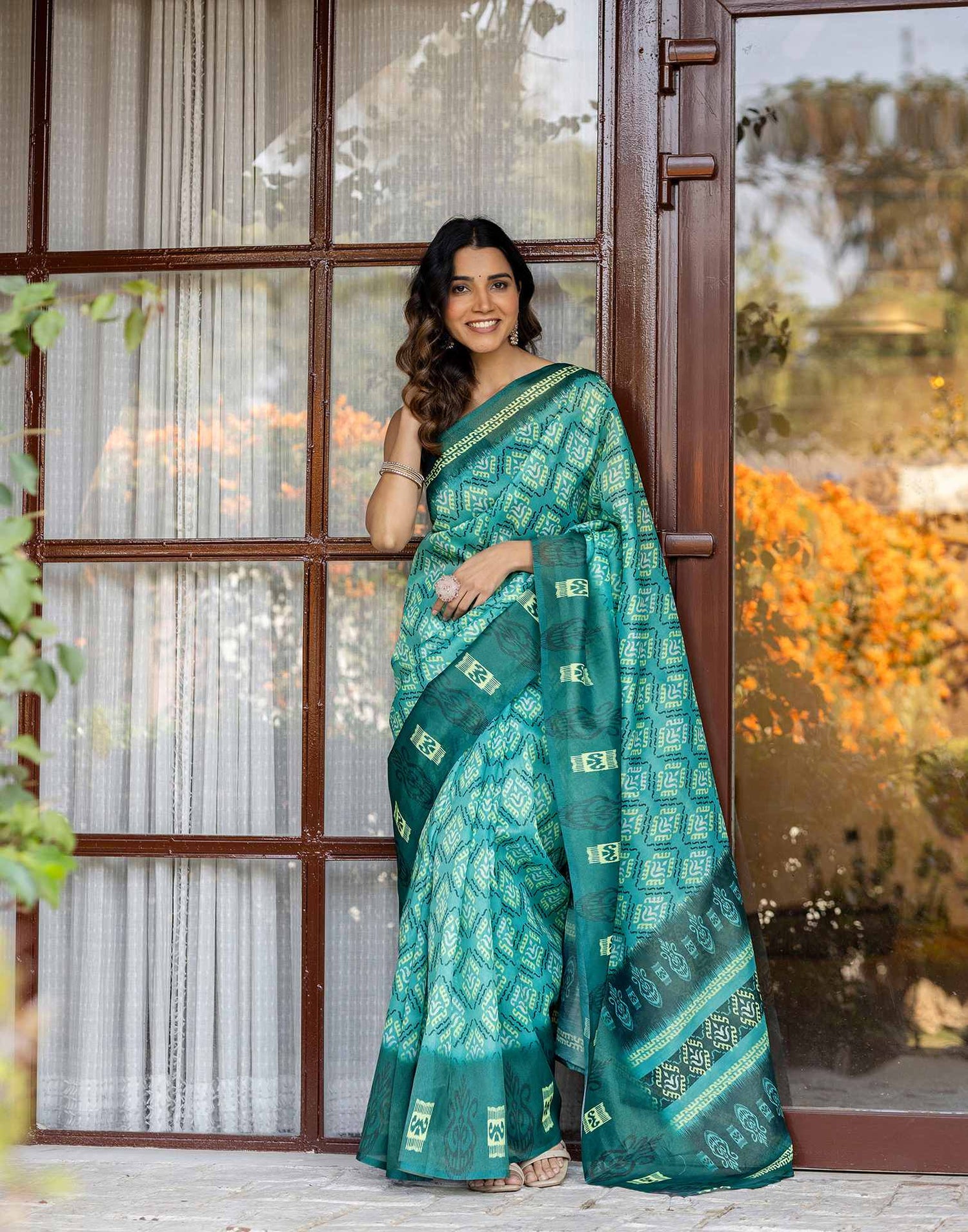Mint Green Shimmer Silk Printed Saree