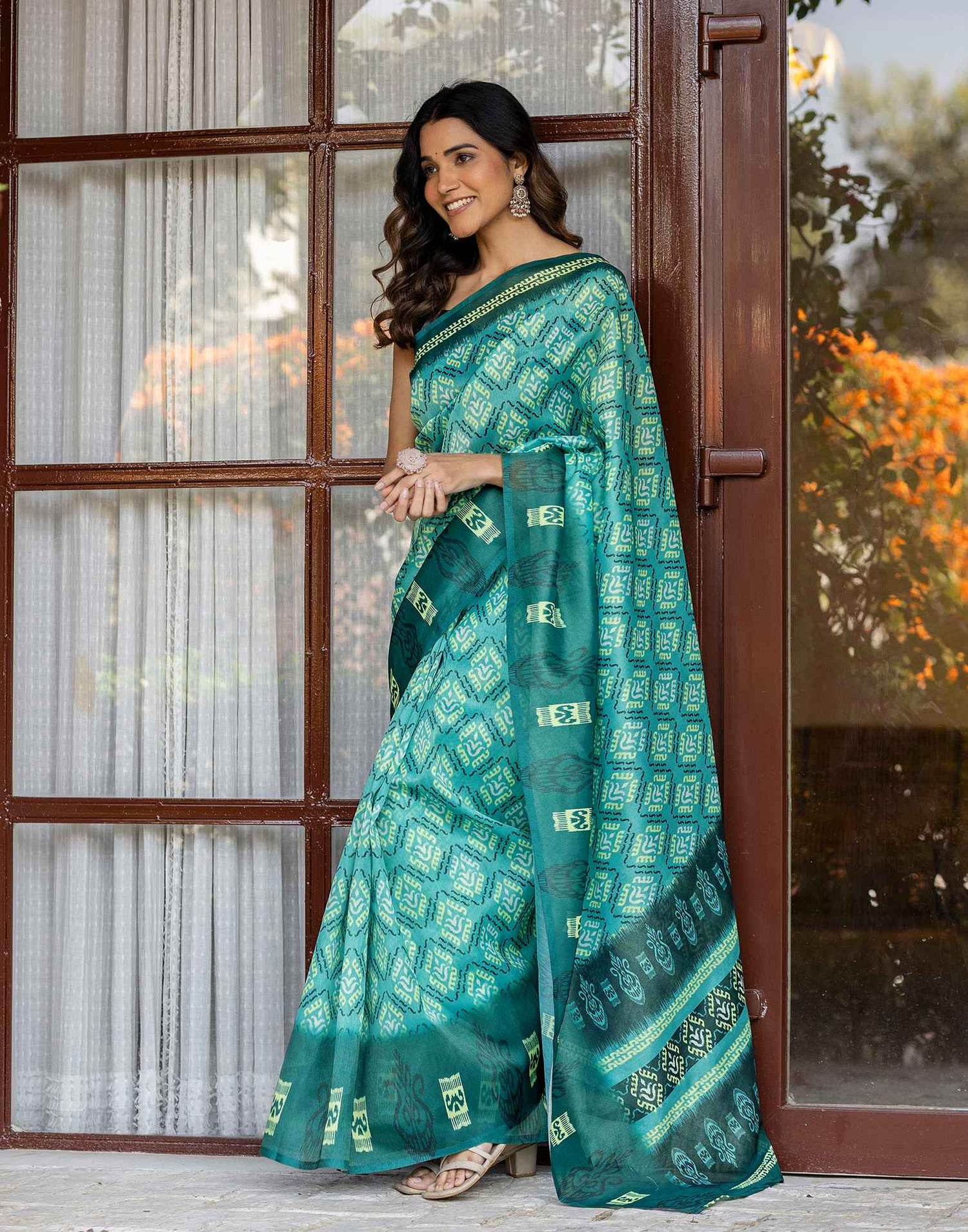 Mint Green Shimmer Silk Printed Saree
