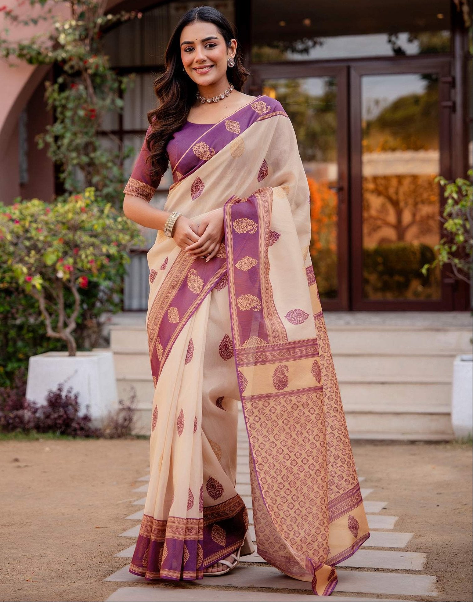 Cream Shimmer Silk Printed Saree