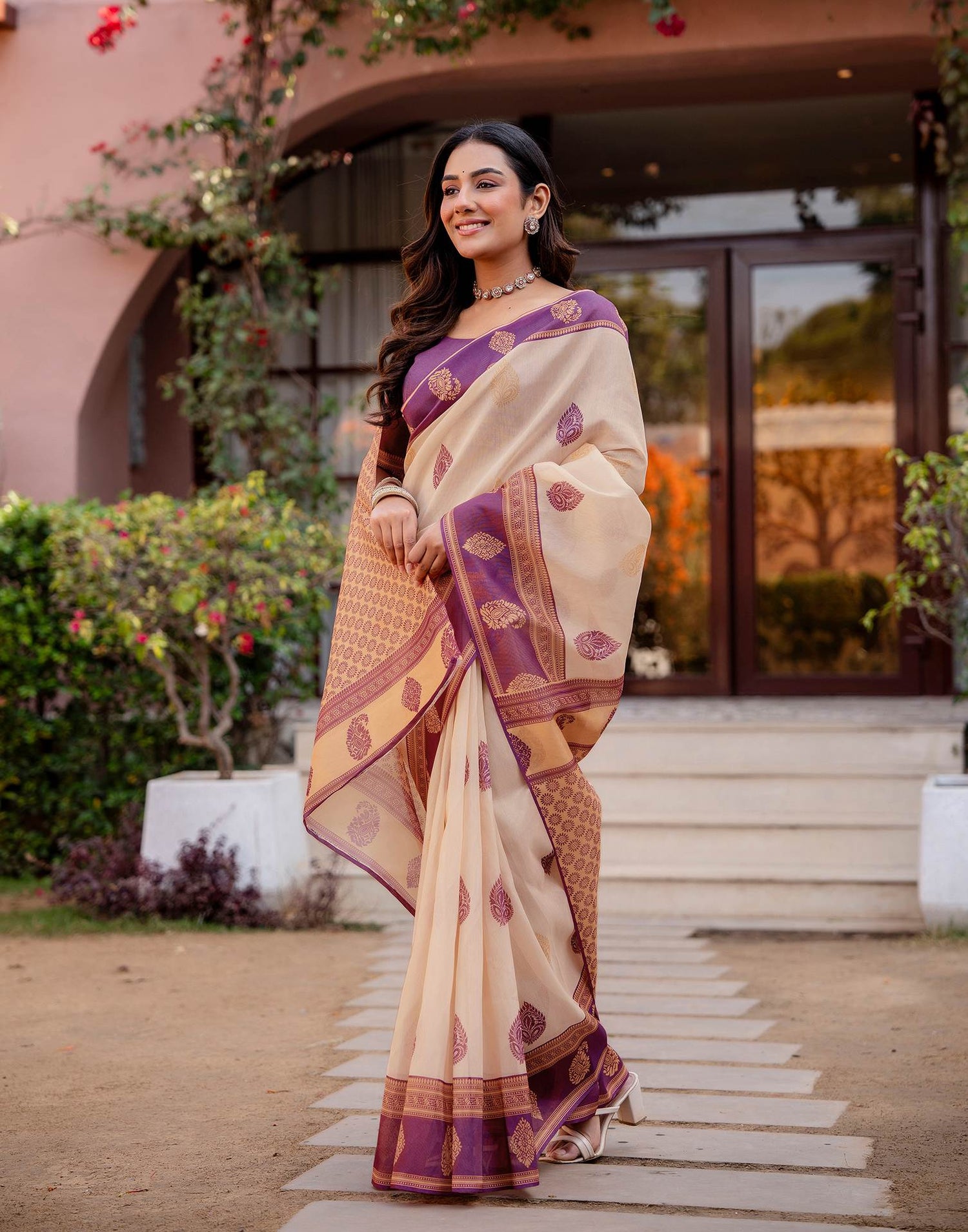 Cream Shimmer Silk Printed Saree
