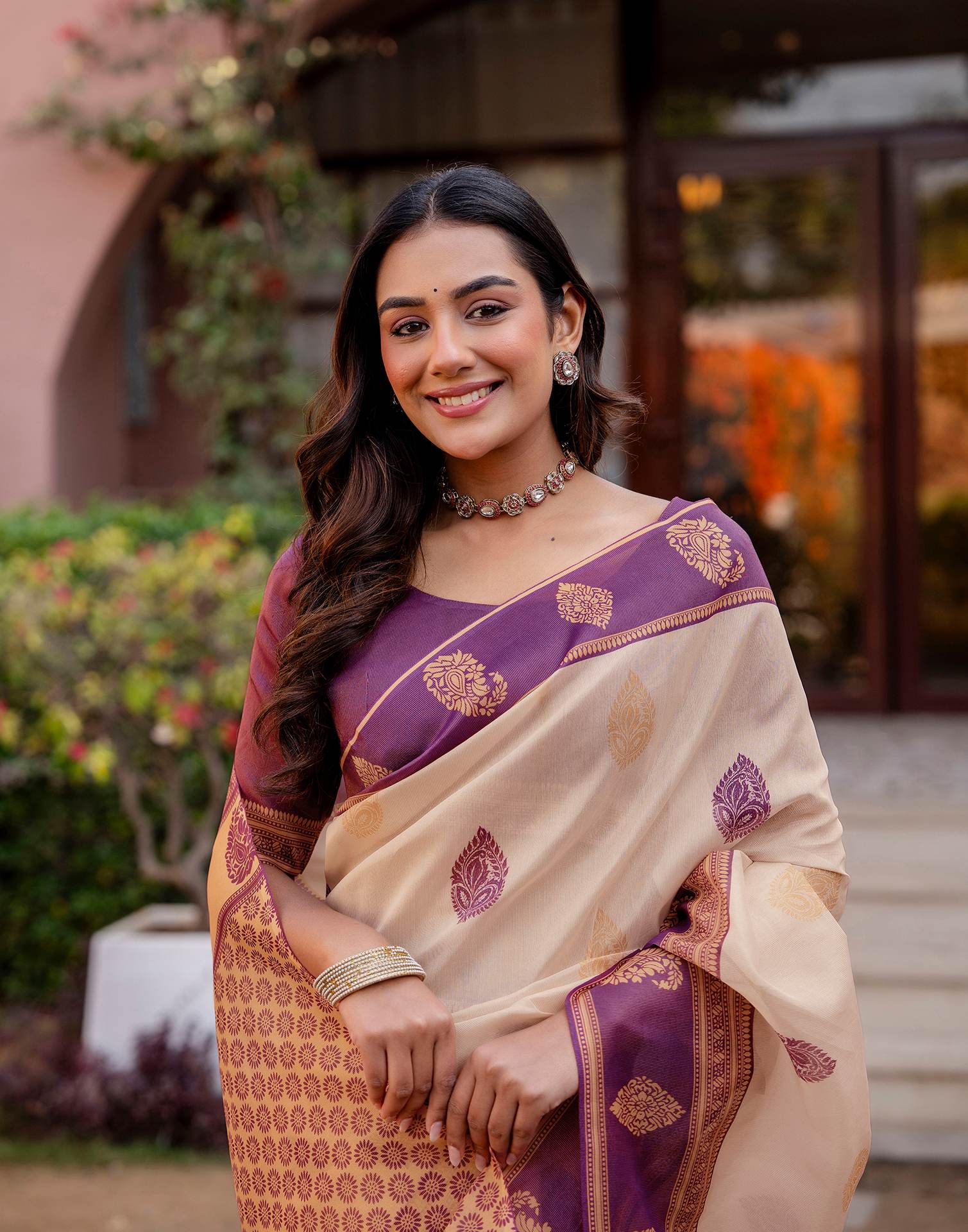 Cream Shimmer Silk Printed Saree