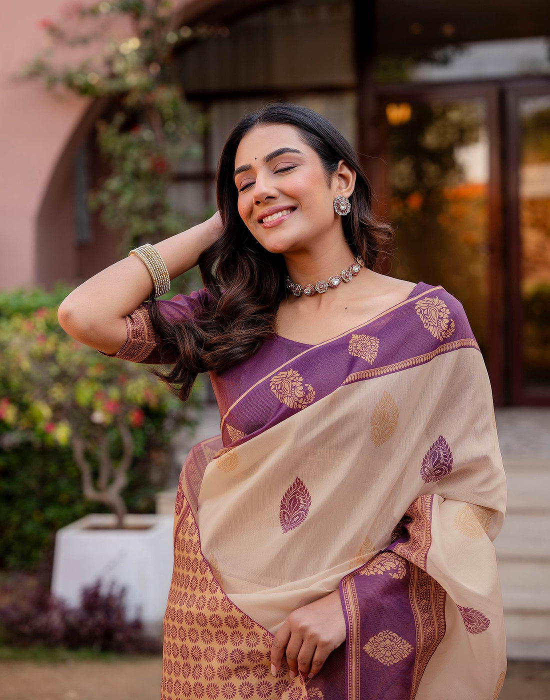 Cream Shimmer Silk Printed Saree