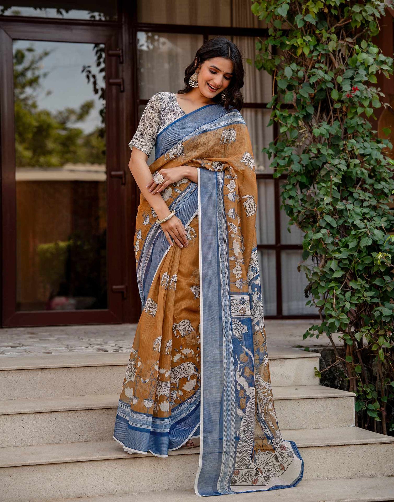 Brown Linen Kalamkari Printed Saree