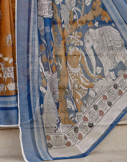 Brown Linen Kalamkari Printed Saree