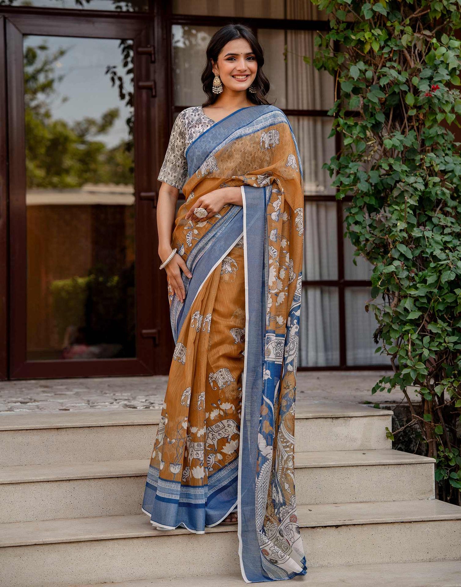 Brown Linen Kalamkari Printed Saree