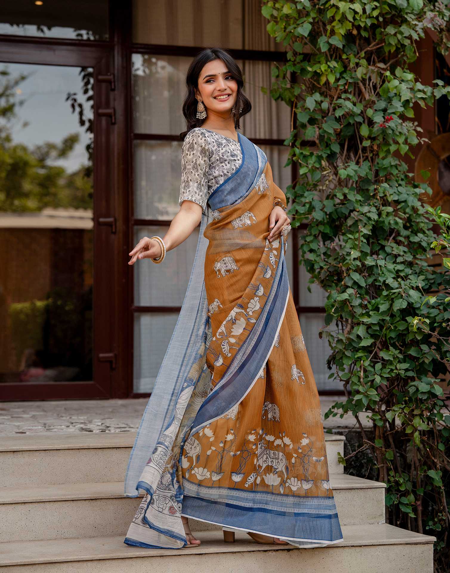 Brown Linen Kalamkari Printed Saree