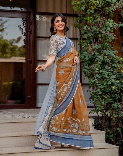 Brown Linen Kalamkari Printed Saree