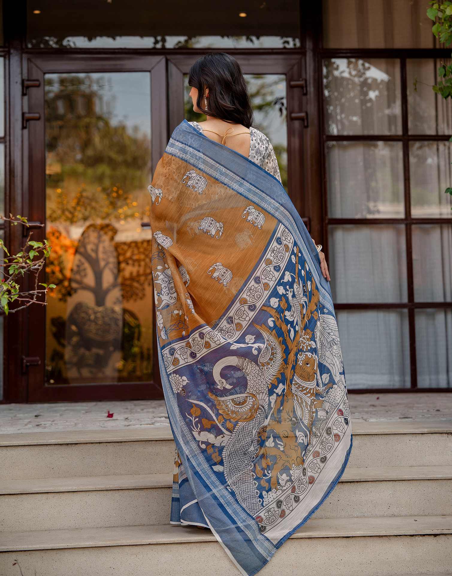 Brown Linen Kalamkari Printed Saree