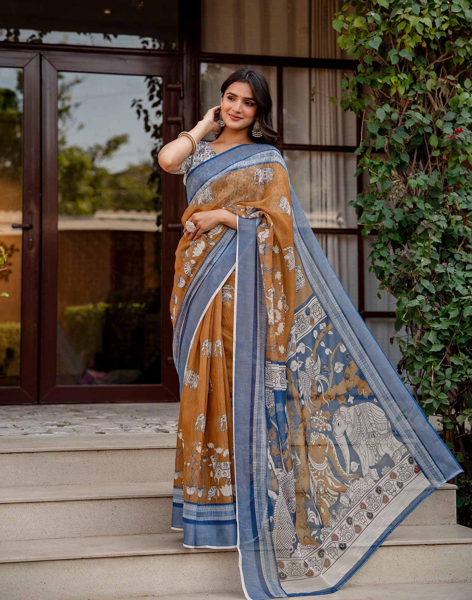Brown Linen Kalamkari Printed Saree