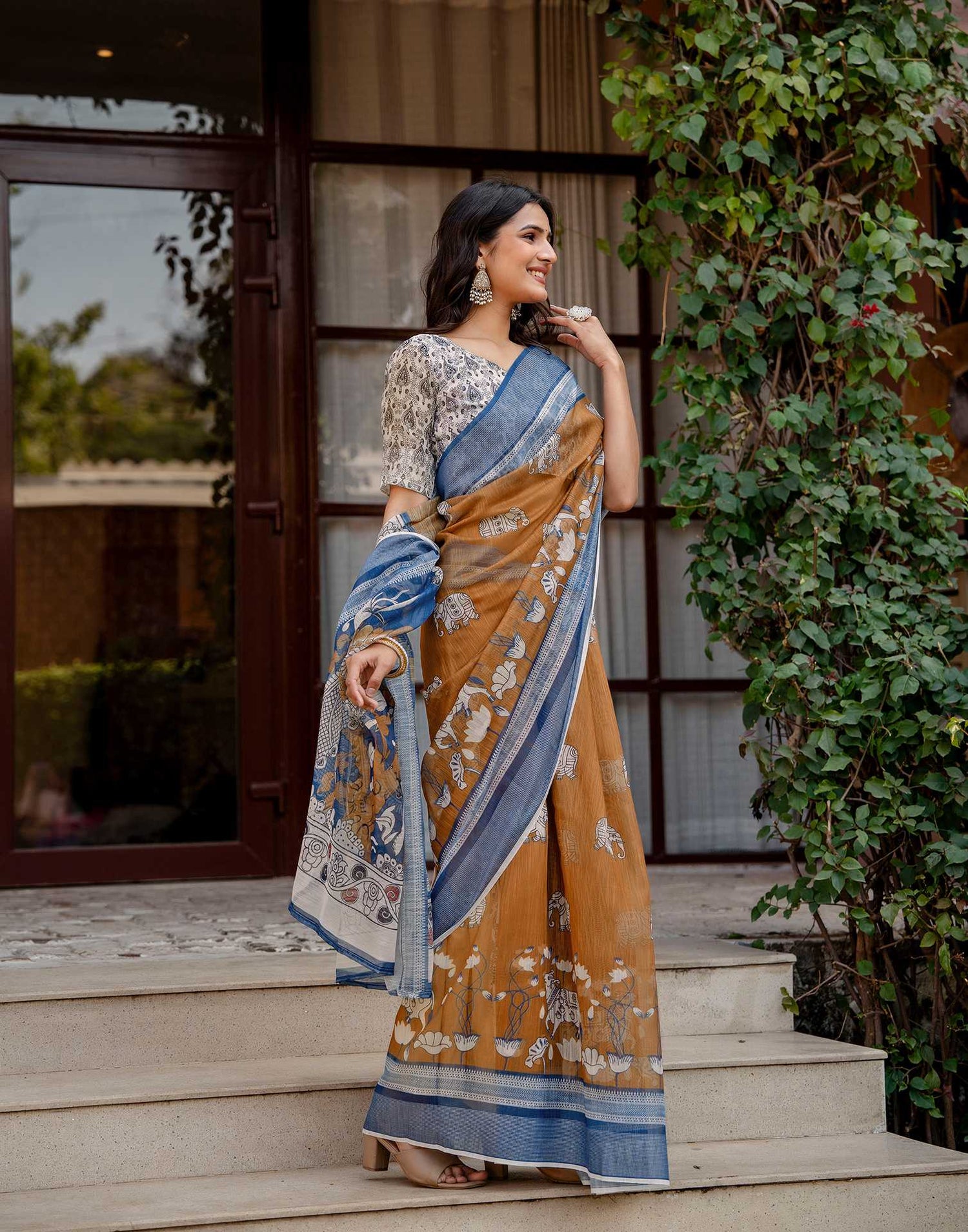 Brown Linen Kalamkari Printed Saree