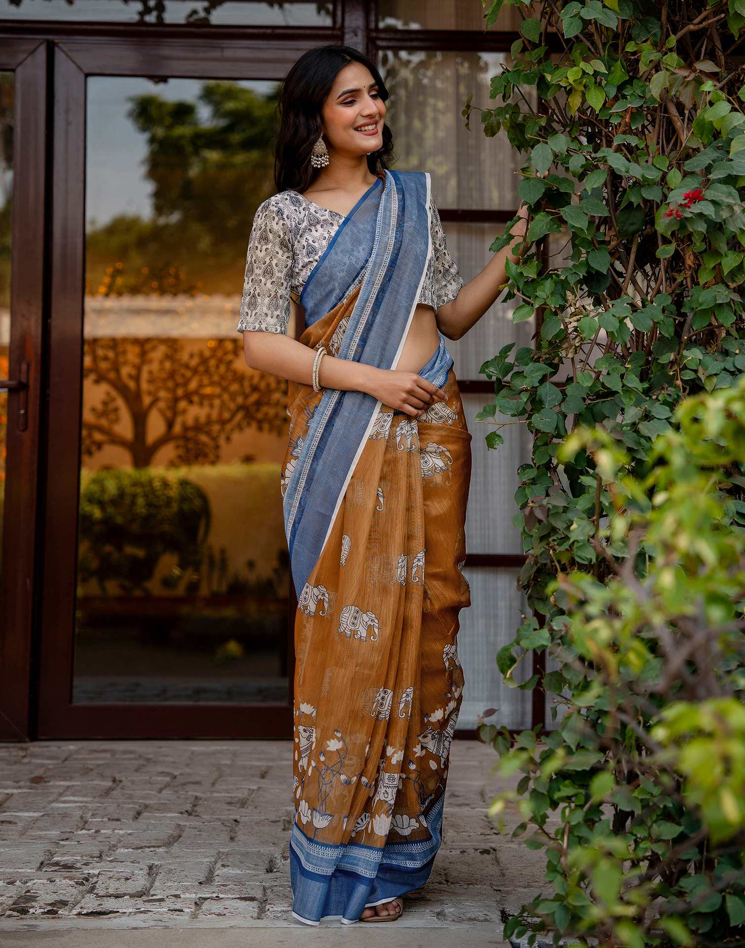 Brown Linen Kalamkari Printed Saree