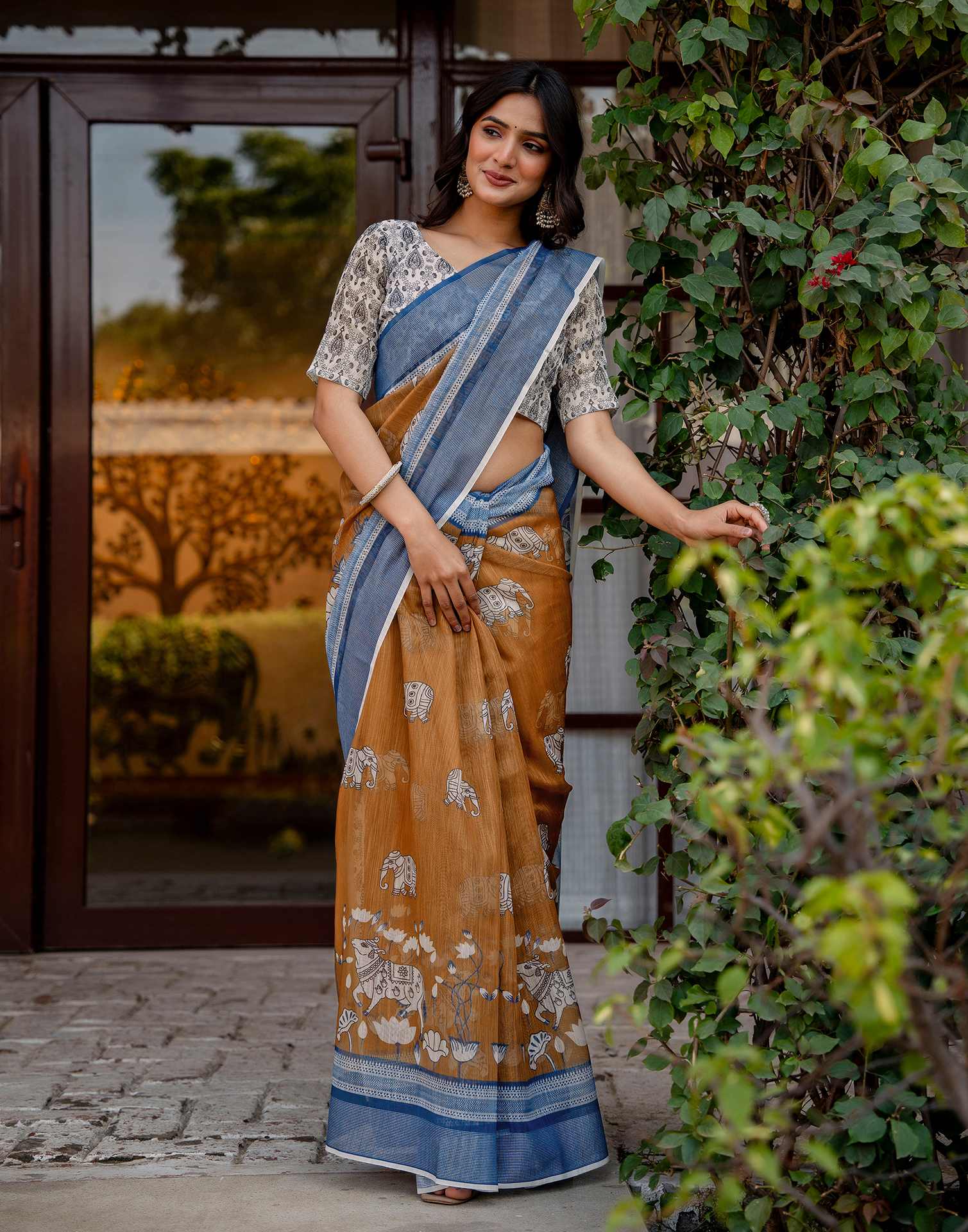 Brown Linen Kalamkari Printed Saree